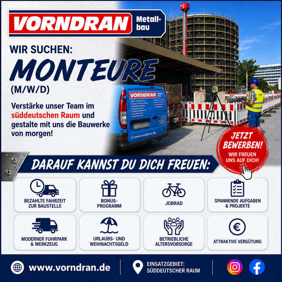 Stellenausschreibung für Monteure bei Vorndran Metallbau