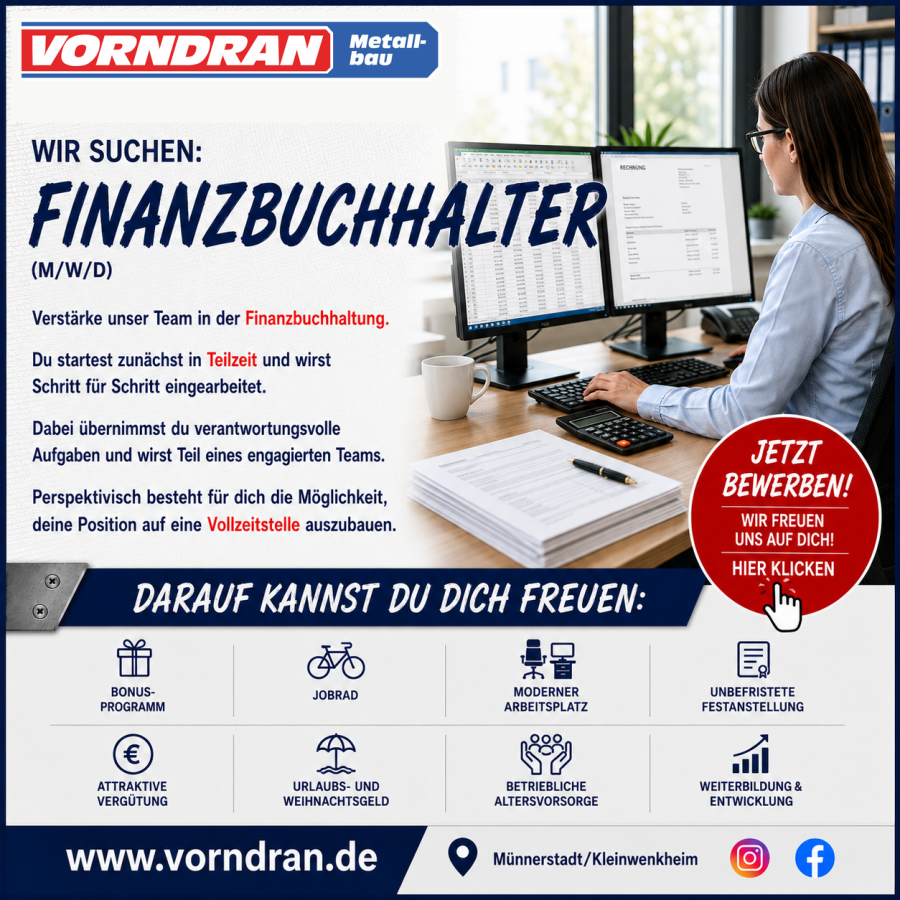 Stellenauschreibung für die Stelle eines Finanzbuchhalters (m/w/d) bei Vorndran Metallbau in Kleinwenkheim